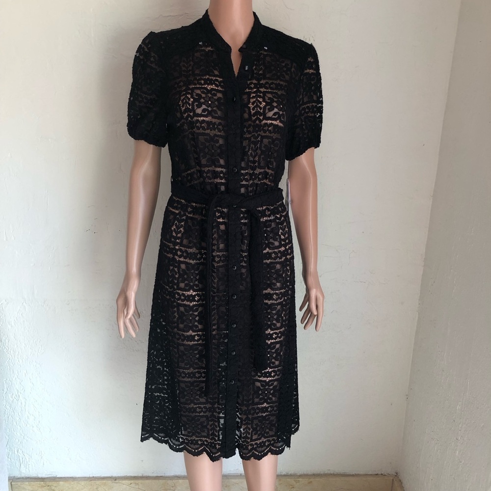 Nicole Miller New York Sheer Black Lace Shirt Dress with Belt Women’s Size 4